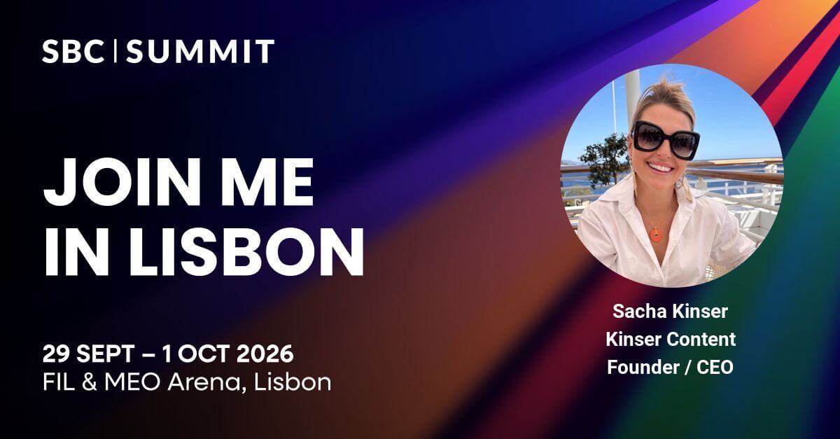 An advert for the SBC Summit which features this text down the left SBC SUMMIT JOIN ME IN LISBON 29 SEPT - 1 OCT 2026 FIL & MEO ARENA, LISBON On right there's a picture of Sacha Kinser underneath which is her name, 'Kinser Content' and 'Founder/SEO'