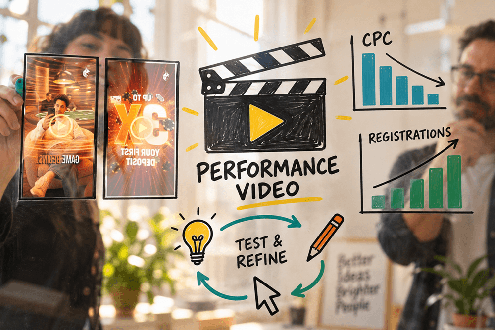 An image with a film clapper in the middle with 'Performance Video' underneath. Below this is a circle of three blue arrows linking a pencil, an arrow, and a lightbulb in the middle of which says 'Test & Refine'. To the left is a woman looking at two mobile screens with iGaming content. To the right is a man looking at bar charts, the top labelled CPC with a downward arrow highlighting the trend of the bars and the bottom labelled REGISTRATIONS with an upward arrow